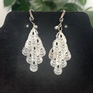 Bohemian Silver Tone Ornate Feather Dangle Clip-On Earrings